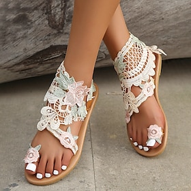 Women's Boho Lace Floral Flat Sandals  Vintage-Inspired Beach Wedding or Summer Casual Shoes