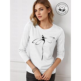 100% Cotton Dragonfly Daily White Print Long Sleeve T shirt