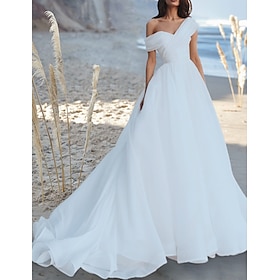 Beach Little White Dresses Wedding Dresses Ball Gown Off Shoulder Sleeveless Court Train Tulle Bridal Gowns With Ruched Solid Color 2024