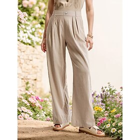 100% Linen Women's Pants Trousers Straight Full Length Breathable And Soft Luxurious Linen Pocket High Cut High Waist Classic Casual Daily Wear Beige Summer Sp