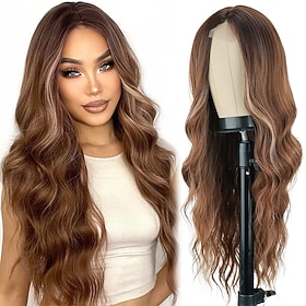 Long Ombre Brown Wavy Wig for Women 26 Inch Middle Part Brown Highlight Wigs Natural Looking Synthetic Heat Resistant Fiber Light Brown Curly Wig for Daily Par