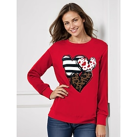 Damen Sweatshirt Pullover Zur Seite fahren Herz Leopard Valentinstag Casual Bedruckt Rote...