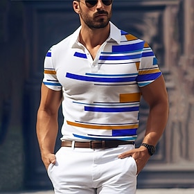 Stripe Geometry Men's Business Print 3D Golf Polo Outdoor Daily Wear Streetwear Polyester Short Sleeve Turndown Polo Shirts Royal Blue Blue