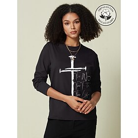 100% Cotton Cross Print Letter Women's Casual Daily T shirt Long Sleeve Crew Neck T shirt Outdoor