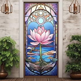 Stained Glass Lotus Door Covers Mural Decor Door Tapestry Door Curtain Decoration Backdrop Door Banner Removable for Front Door Indoor Outdoor Home Room Decora