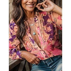 Women's  Floral Print Chiffon Shirt Long Sleeve Notched Neckline Pink Buttoned Blouse