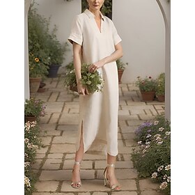 100% Linen Women's Casual Dress Summer Plain Long Dress Breathable And Soft Luxurious Linen Dress Beige Split Street Streetwear Split Neck Short Sleeve Loose F
