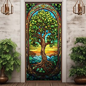 Stained Glass Tree of Life Door Covers Mural Decor Door Tapestry Door Curtain Decoration Backdrop Door Banner Removable for Front Door Indoor Outdoor Home Room