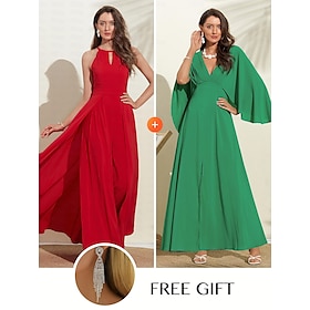 (Free Earrings) Backless Solid JumpsuitSolid Chiffon Dress with Flying Sleeves Matching Sets