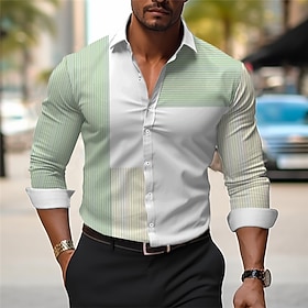 Men's Dress Shirt Printed Shirts Stripe Outdoor Wear to work Violet Fuchsia Green Long Sleeve Turndown Spring  Summer Clothing Apparel Print