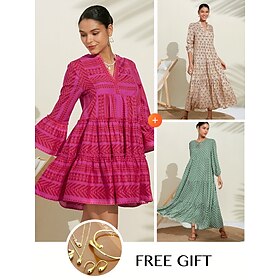 (Free Jewelry Sets) Printed Ruffled DressFloral Plant Women Shirt Geometric Dress Matching Sets
