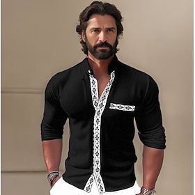 55% Linen Pocket Men's Shirt Linen Shirt Button Up Shirt Beach Shirt Black Long Sleeve Argyle Standing Collar Spring   Fall Outdoor Daily C