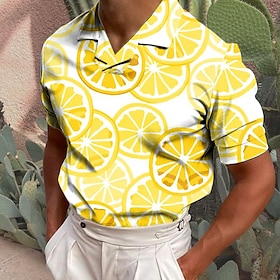 Lemon Geometry Men's Casual Print 3D Golf Polo Outdoor Daily Wear Streetwear Pique Polo Shirt Short Sleeve Cuban Collar Polo Shirts White Y