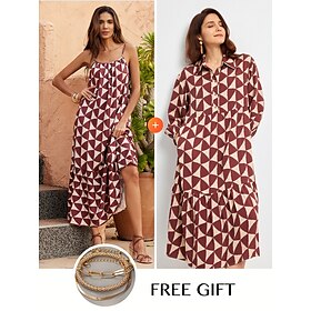 (Free Bracelets) Two Geometric Print Maxi Dresses Matching Sets