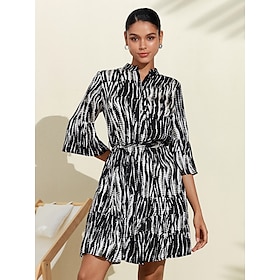 Women's Spotted Print Satin Abstract Marble Print Stand Collar Flared Sleeve Black Tie Knot Vintage Mini Dress