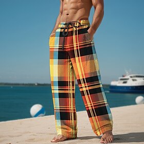 Plaid Color Block Men's Resort 3D Printed Casual Pants Trousers Elastic Waist Drawstring Loose Fit Straight-Leg Summer Beach Pants S TO 3XL