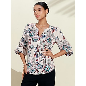 Women's Floral Print Shirt Button Long Sleeve Notched Neckline Blouse