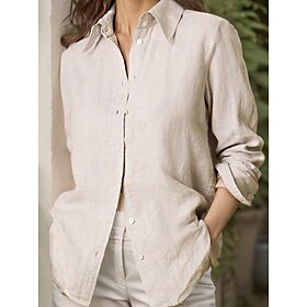 100% Linen Women's Shirt Blouse Breathable And Soft Luxurious Linen Casual Beige Button Modern Shirt Collar Long Sleeve Regular Fit Summer Spring