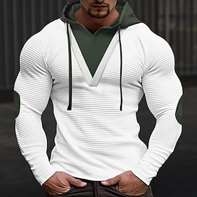 Men's T Shirt Waffle Knit Tee Tee Top Long Sleeve Shirt Long Sleeve Hooded Patchwork Spring Fall Color Block Fashion Designer Basic Vacation Street Going out