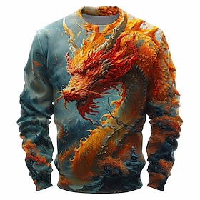 Fire Dragon Men's Street 3D Printed Pullover Sweatshirt Holiday Vacation Going Out Sweatshirts Yellow Blue Crew Neck Print Spring   Fall De