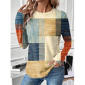 Women's T Shirt Tee Color Block Daily Weekend Pink Blue Gray Print Long Sleeve Fashion Round Neck Regular Fit Spring   Fall