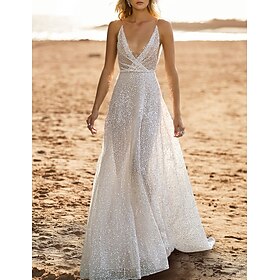 Casual Wedding Dresses A-Line Camisole V Neck Sleeveless Sweep / Brush Train Sequined Bridal Gowns