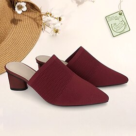 Women's Heels Sandals Slippers Plus Size Flyknit Shoes Outdoor Work Daily Striped Chunky Heel Pointed Toe Classic Casual Comfort Walking Knit Loafer Black Red