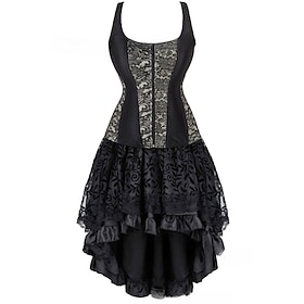 Retro Vintage Rococo Punk  Gothic Short / Mini Dress Overbust Corset Bustier Witch Lace Off Shoulder Jacquard Women's Fantasy Steampunk Walpurgis Night Hallowe
