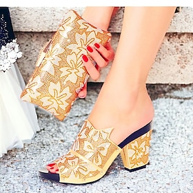 Women's Heels Wedding Shoes Party Bridal Shoes Shoes And Bags Matching Sets Rhinestone Crystal Platform Chunky Heel Peep Toe Elegant Microbial Leather Roes Red