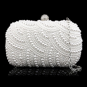 Women's White Pearl Clutch Purse  Elegant Beaded Evening Handbag with Chain Strap for Weddings, Parties, and Formal Events
