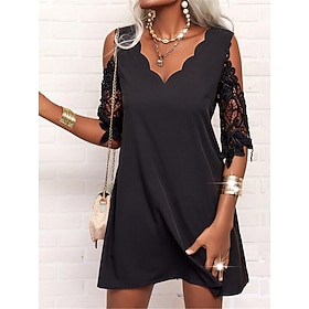 Femmes Mini Robe Robe noire Robe en Dentelle Robe Décontractée Robe de Cocktail Vacances Streetwear Fête Mariage Date Coupe Ample Manche 3/4 Col en V Noir Été