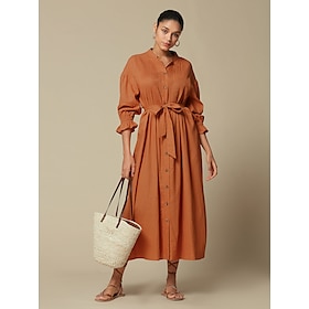Maxi-overhemdjurk van linnenmix voor dames, casual bruine maxi-jurk met lange mouwen, kraag en knoopsluiting, riem en losse pasvorm