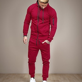 Men's Tracksuit Sweatsuit Full Zip Hoodie Jogging Suits Black Wine Army Green Navy Blue Dark Gray Hooded Solid Color Zipper 2 Piece Sports  Outdoor Daily Fitne