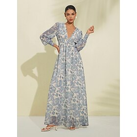 Women's Bridal Shower Dress Summer Dress Print Dress Long Dress Maxi Dress Blue Long Sleeve Curve Floral Botanical…: retailer-supplied image