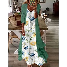 Women's Dress Set Casual Dress Print Dress Outdoor Vacation Fashion Casual Print Long Dress Maxi Dress V Neck 3/4 Length Sleeve Floral Loose Fit Summer Spring