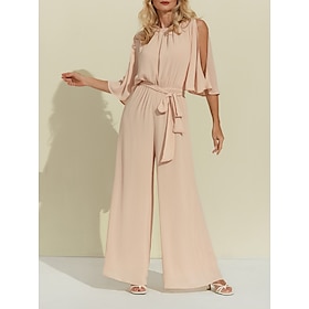 Roze chiffon damesjumpsuit voor speciale gelegenheden met ronde hals, verlaagde schouders en wijde pijpen met riem
