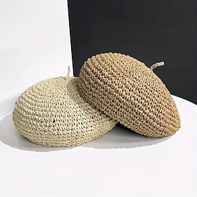 Straw Crochet Thin Beret Hats Solid Color Casual Painter Cap Lightweight Breathable Berets For Women Girls Spring  Summer