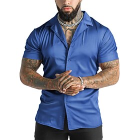 Men's Shirt Satin Shirt Summer Shirt Button Up Shirt Casual Shirt Black White Blue Short Sleeve Solid Color Lapel Daily Vacation Clothing Apparel Fashion Casua