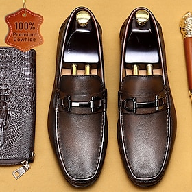 Men's Premium Cowhide Leather Loafers with Black Metal Detail  Classic Brown Slip-On Dress Shoes for Formal and Business Attire