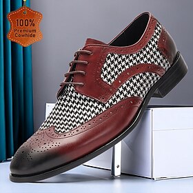 Men's Houndstooth and Leather Brogue Dress Shoes - Red and Black, Ideal for Formal Events and Business Wear