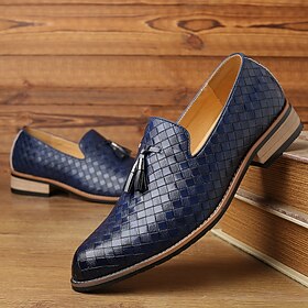 Men's Black Woven Faux Leather Loafers with Tassel Detail and Wooden Sole - Stylish Slip-On Shoes for Formal and Casual Occasions