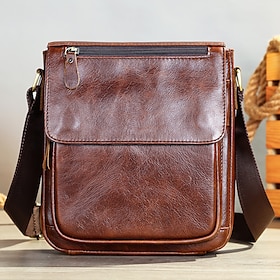 Men's Crossbody Bag Shoulder Bag Messenger Bag Cowhide Outdoor Travel Zipper Adjustable Large Capacity Durable Solid Color Dark Brown Black
