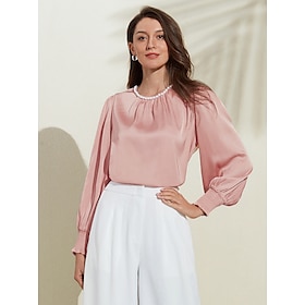 semi-formele damesblouse roze satijnen elegante blouse met ronde hals en manchetten aan de mouwen