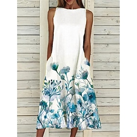 Women's Casual Dress Tank Dress Floral Pocket Print Crew Neck Midi Dress Vacation Sleeveless Summer