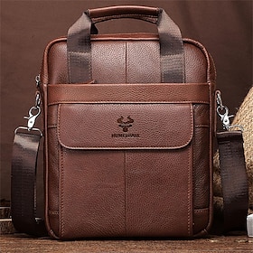 Men's Brown Leather Messenger Bag with Shoulder Strap, Multi-Pocket Business Briefcase Style, for Work, Travel, and Daily Office Use