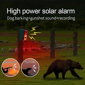 Solar Motion Sensor Alarm with Dog Barking Gunshot Sound - 130dB Siren Security System with Remote Controller for Home, Farm, Yard, Chicken Coop, Villa