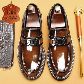 Men's Premium Cowhide Leather Loafers with Glossy Finish, Chain Detail - Formal Dress Shoes for Business, Weddings  Special Occasions