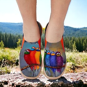 Women's Sneakers Flats Slip-Ons Print Shoes Slip-on Sneakers Daily Travel Bird Painting Flat Heel Vacation Casual Comfort Canvas Loafer Light Red Blue Green