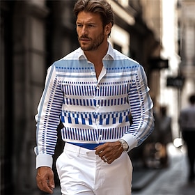 Men's Stripe Geometric Pattern Geometry Printed Shirts Long Sleeve Business Casual Street Wear to work Daily Wear Spring  Summer Turndown Print Button-Down Blu