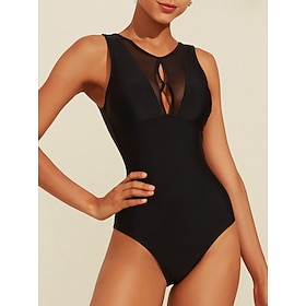Damen Badeanzug Ein Stück Bademode Loch Solide / einfarbig Schwarz Runden Badeanzüge Strand Design: retailer-supplied image